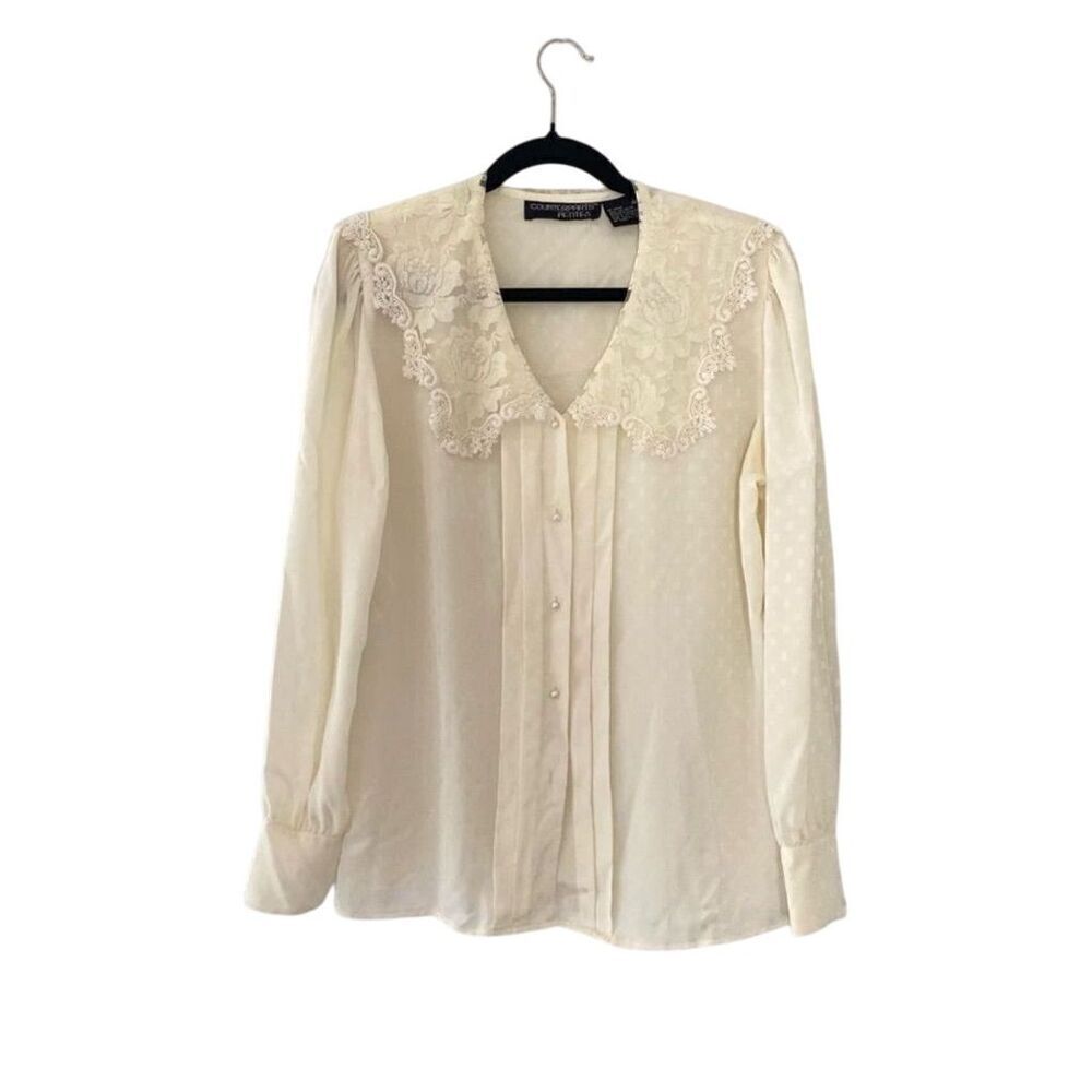 Vintage Counterparts Petites Ivory Blouse Lace Collar Pearl Button Cuffs Size 10